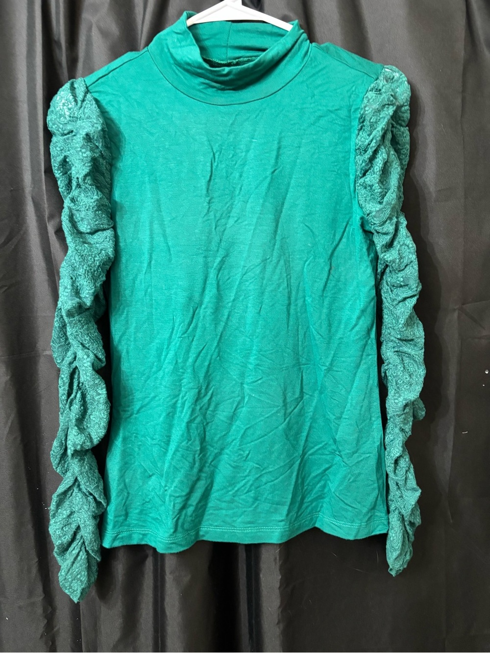 Maeve Dark Green Ruffle Sleeve Mock Neck Long Sleeve Tee